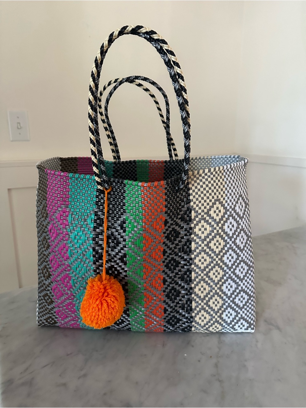 Tin Marin Maya Woven Super Tote-  Multicolor with Orange Pom Pom